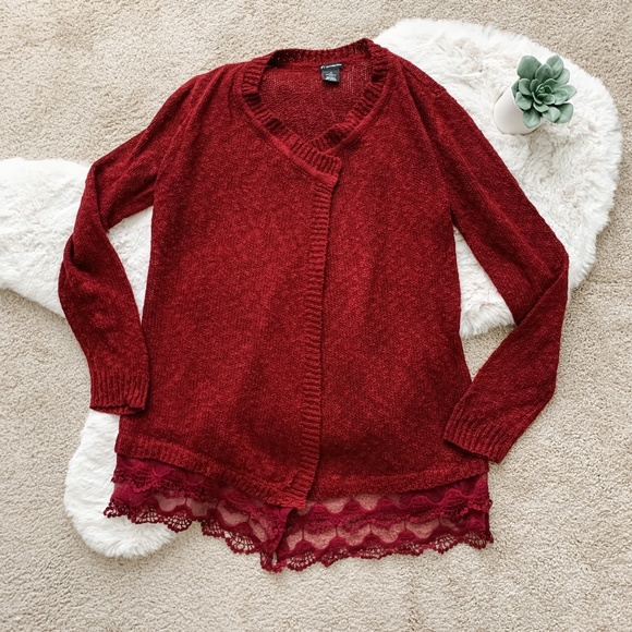 New Directions Maroon Open Front Lace Cardigan- M - Picture 1 of 11